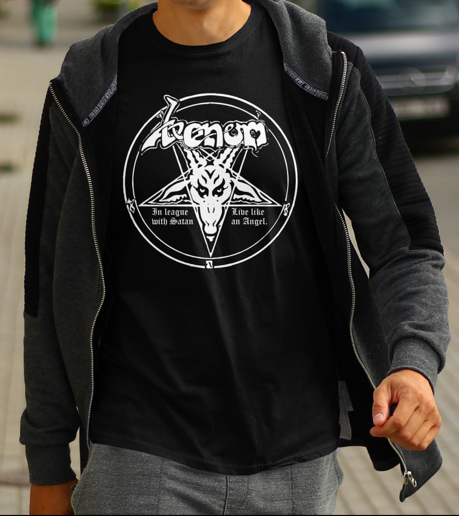 Venom In League With Satan Live Like An Angel Pentagram Goat T-Shirt