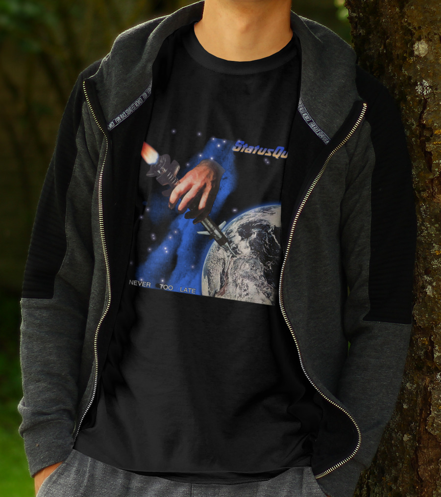 Status Quo Never Too Late Album Cover Space Hand Rocket Earth T-Shirt