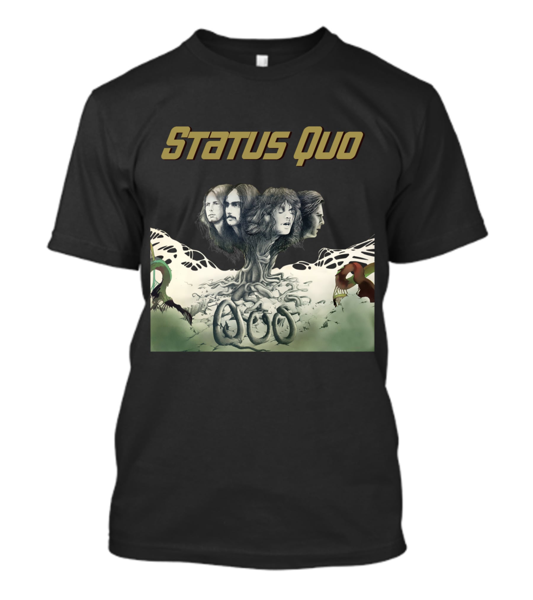 Status Quo Band Faces Tree Imagery With Members' Portraits T-Shirt