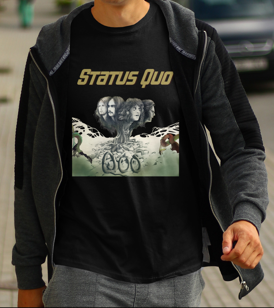 Status Quo Band Faces Tree Imagery With Members' Portraits T-Shirt