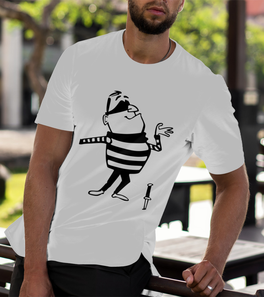 Burglar Cartoon Outline With Striped Shirt And Knife T-Shirt