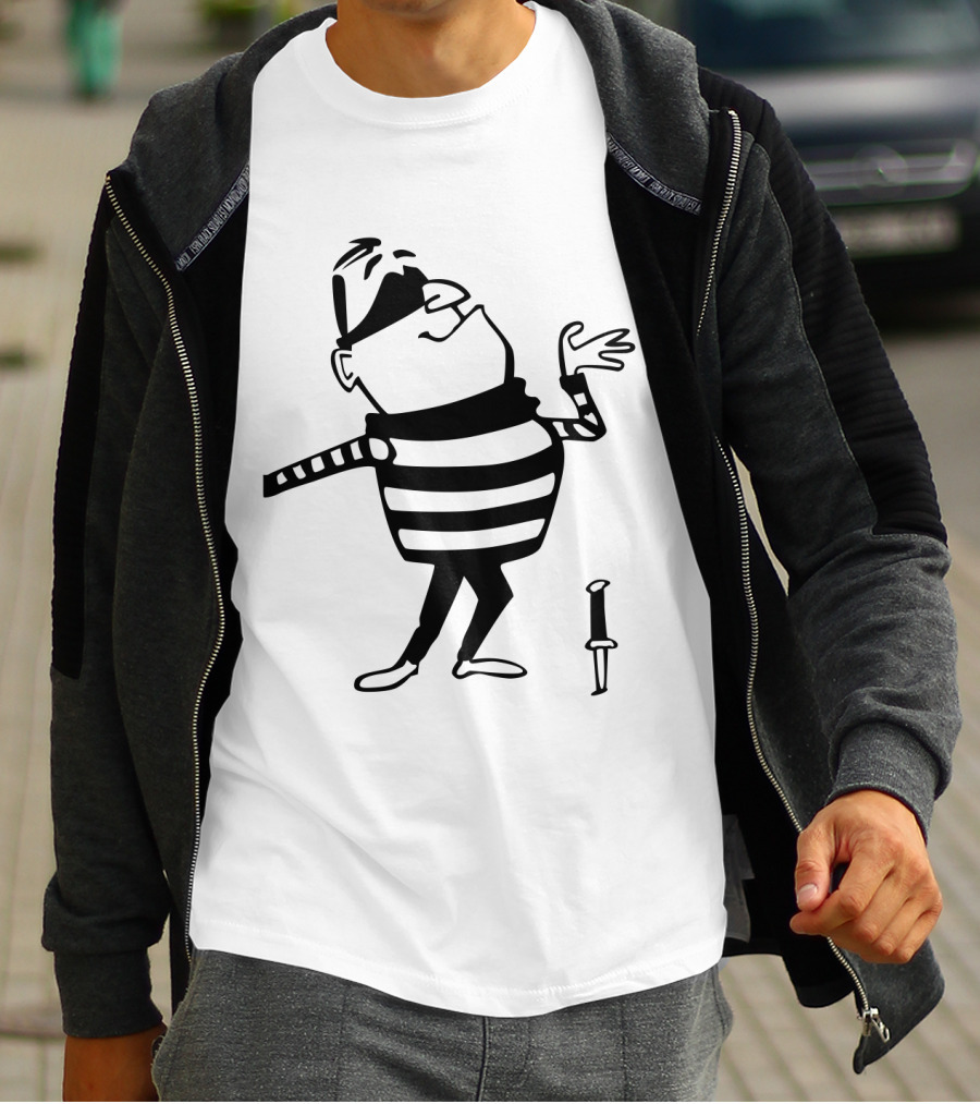Burglar Cartoon Outline With Striped Shirt And Knife T-Shirt