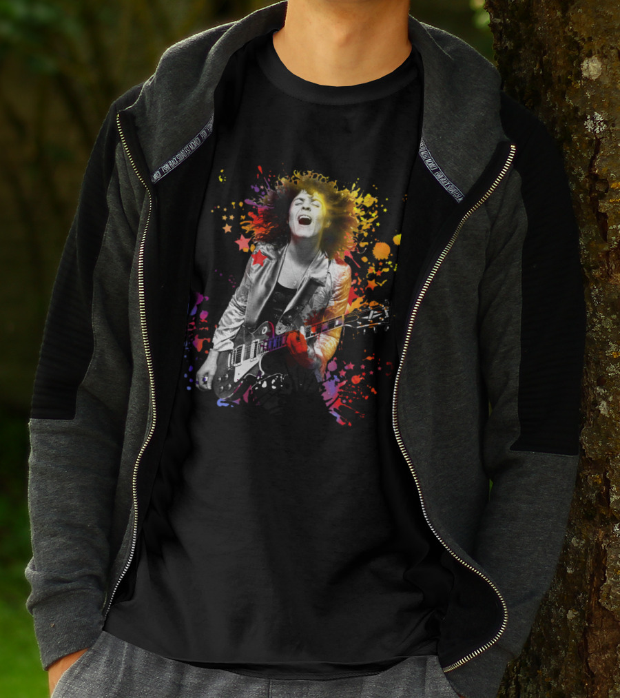 Vibrant Rock Guitarist With Colorful Splatter Explosion T-Shirt