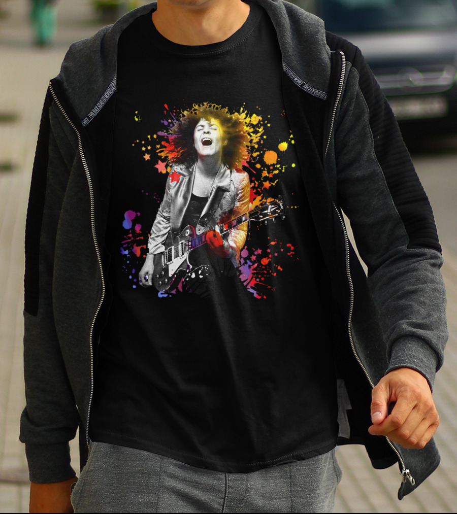 Vibrant Rock Guitarist With Colorful Splatter Explosion T-Shirt