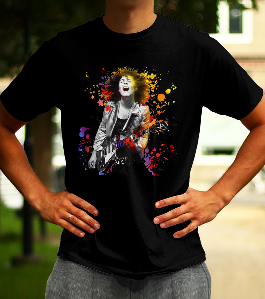 Vibrant Rock Guitarist With Colorful Splatter Explosion T-Shirt