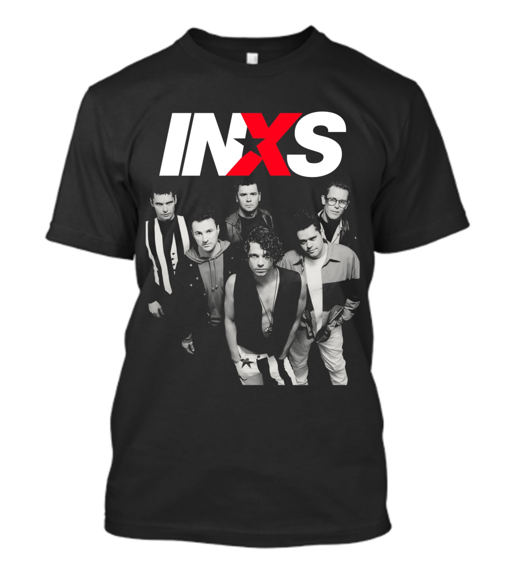 Inxs Band Black And White Group Photo With Red T-Shirt