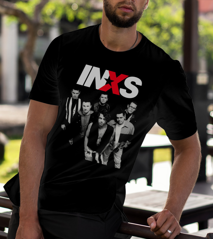 Inxs Band Black And White Group Photo With Red T-Shirt