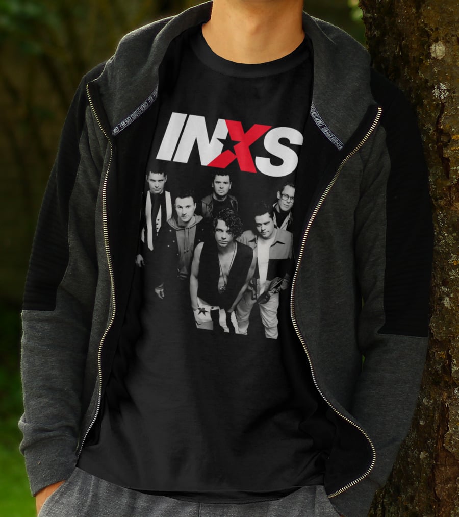 Inxs Band Black And White Group Photo With Red T-Shirt