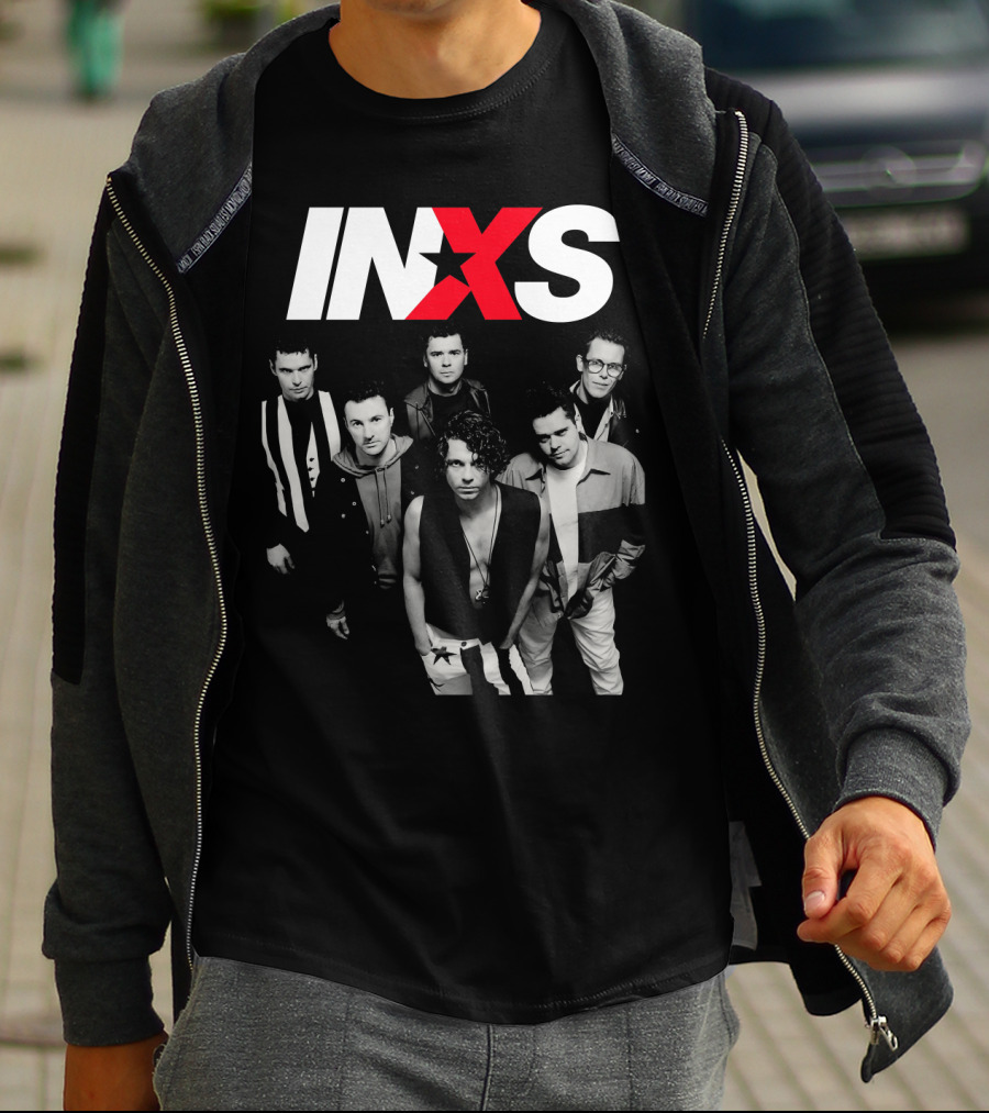 Inxs Band Black And White Group Photo With Red T-Shirt