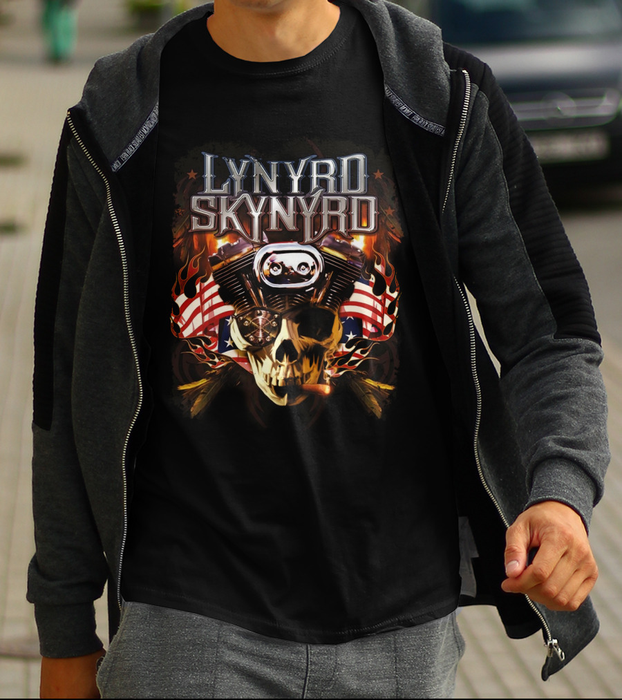 Lynyrd Skynyrd Motorcycle Engine Skull With American Flag Flames T-Shirt