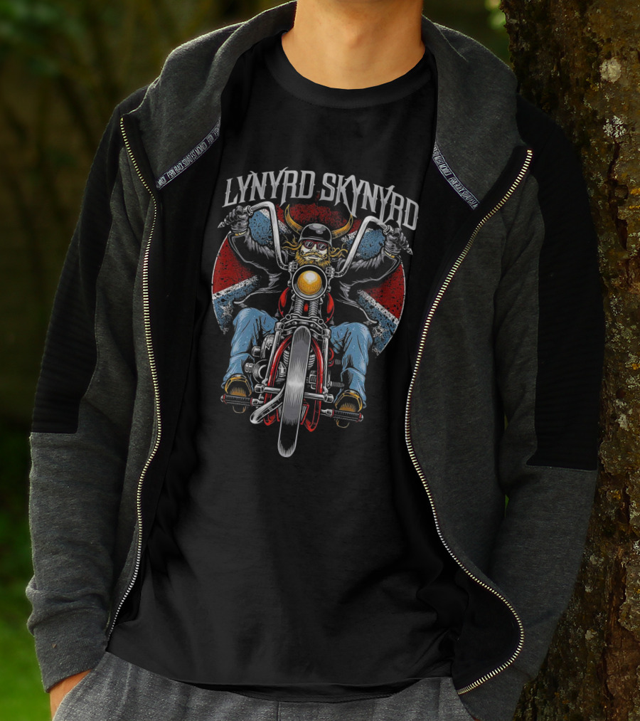 Lynyrd Skynyrd Motorcycle Rider With Usa Colors And Bull Skull Helmet T-Shirt