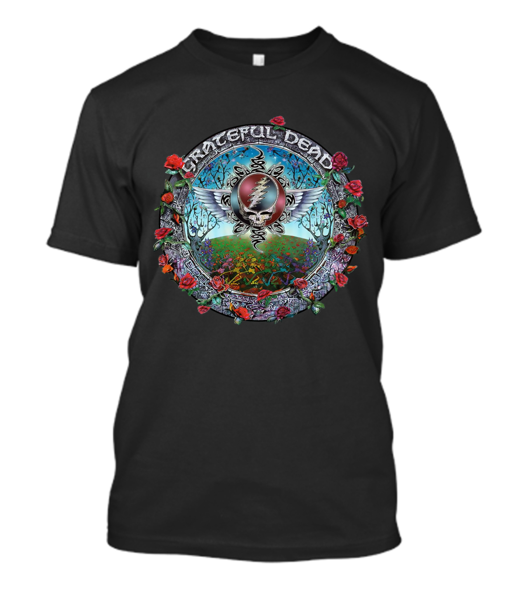 Grateful Dead Winged Steal Your Face Skull With Roses And Psychedelic Nature Scene T-Shirt