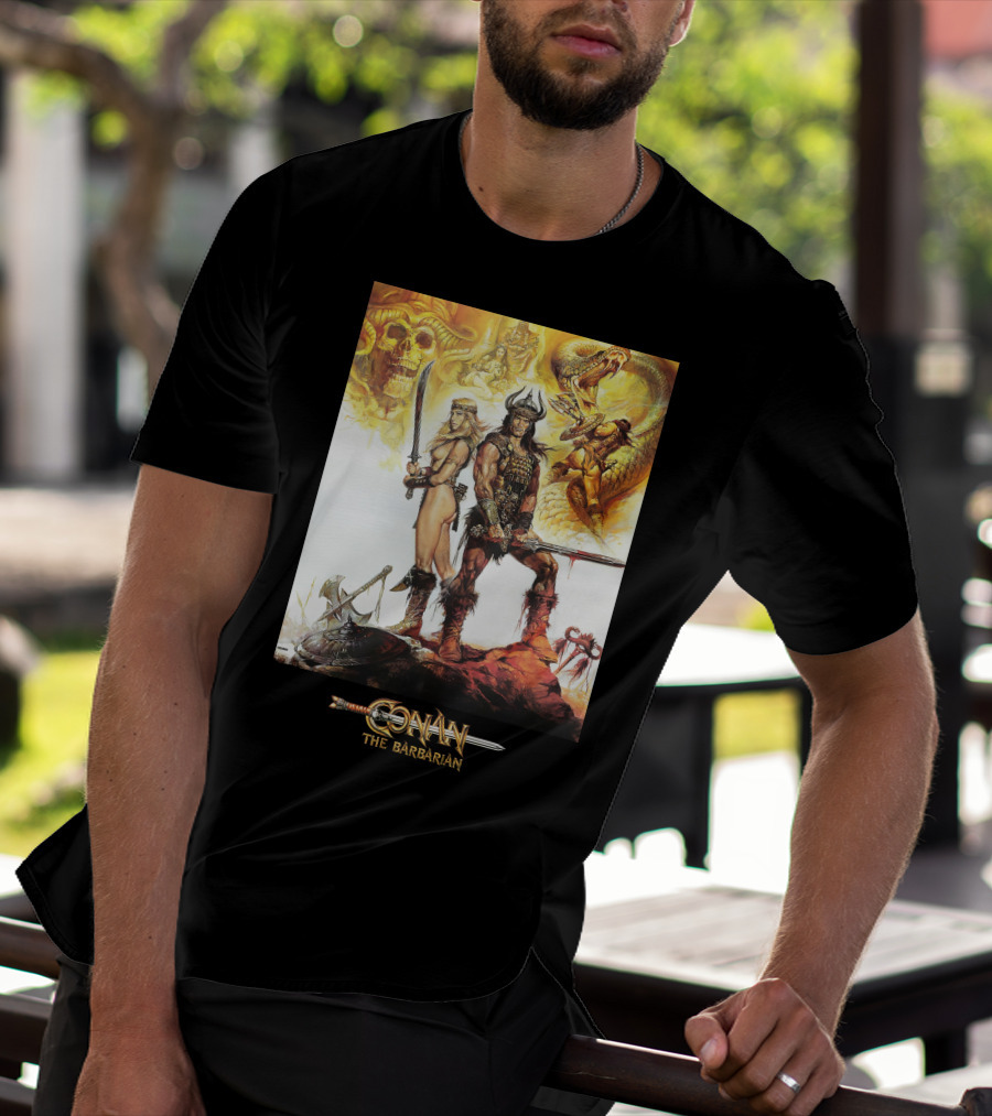 Conan The Barbarian Sword Skulls Warrior Fantasy Art T-Shirt