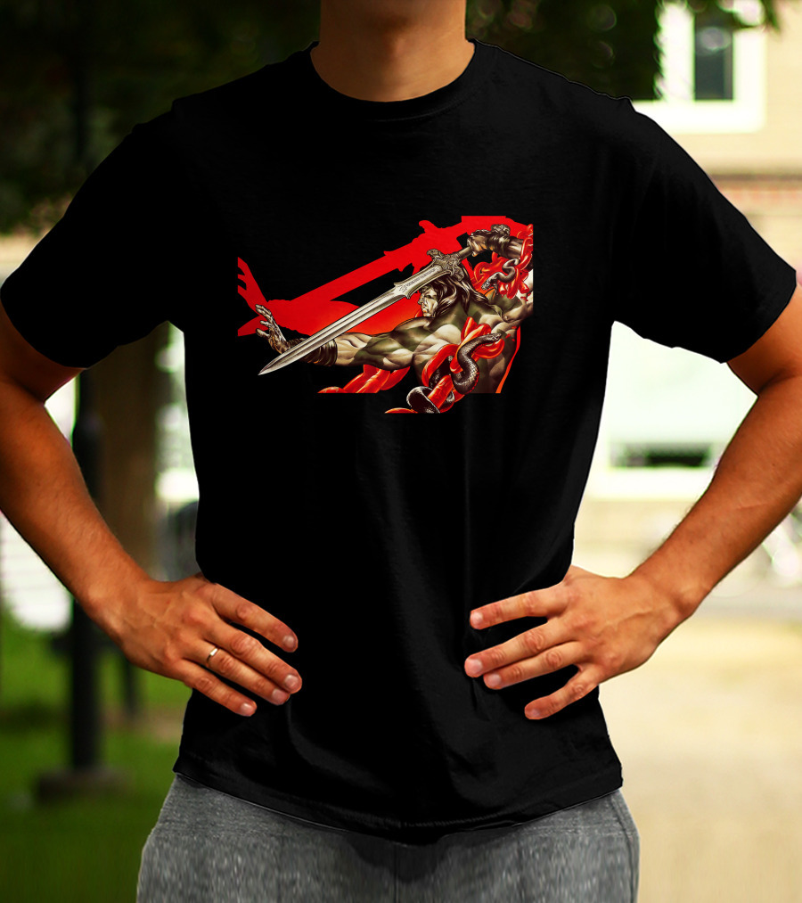 Conan Sword Action With Red Snakes And Warrior T-Shirt