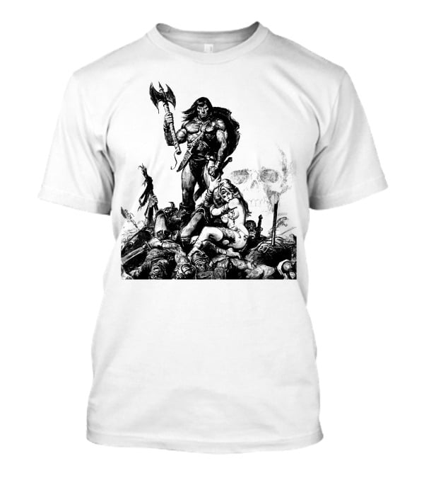 Conan Barbarian Warrior Standing On Battlefield With Axe And Skull In Background T-Shirt