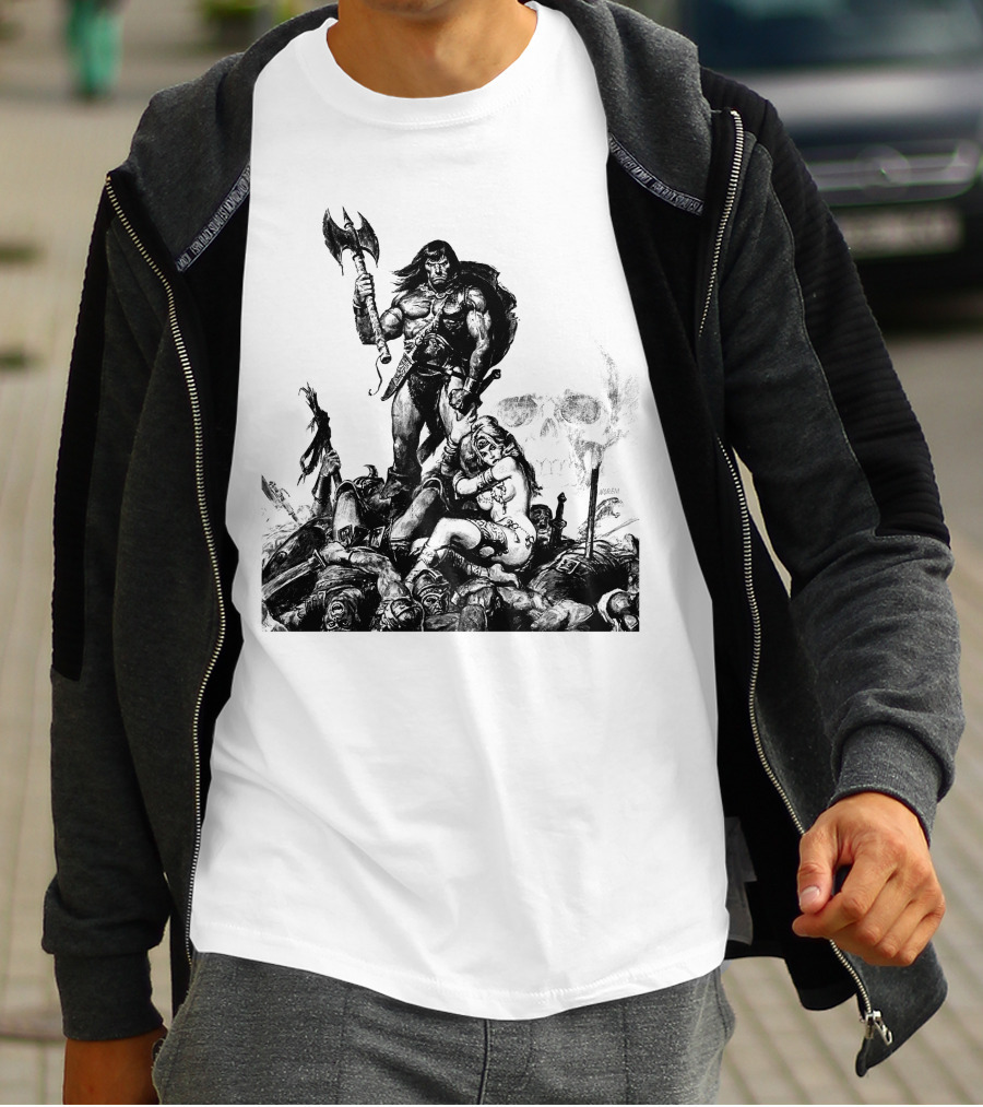 Conan Barbarian Warrior Standing On Battlefield With Axe And Skull In Background T-Shirt