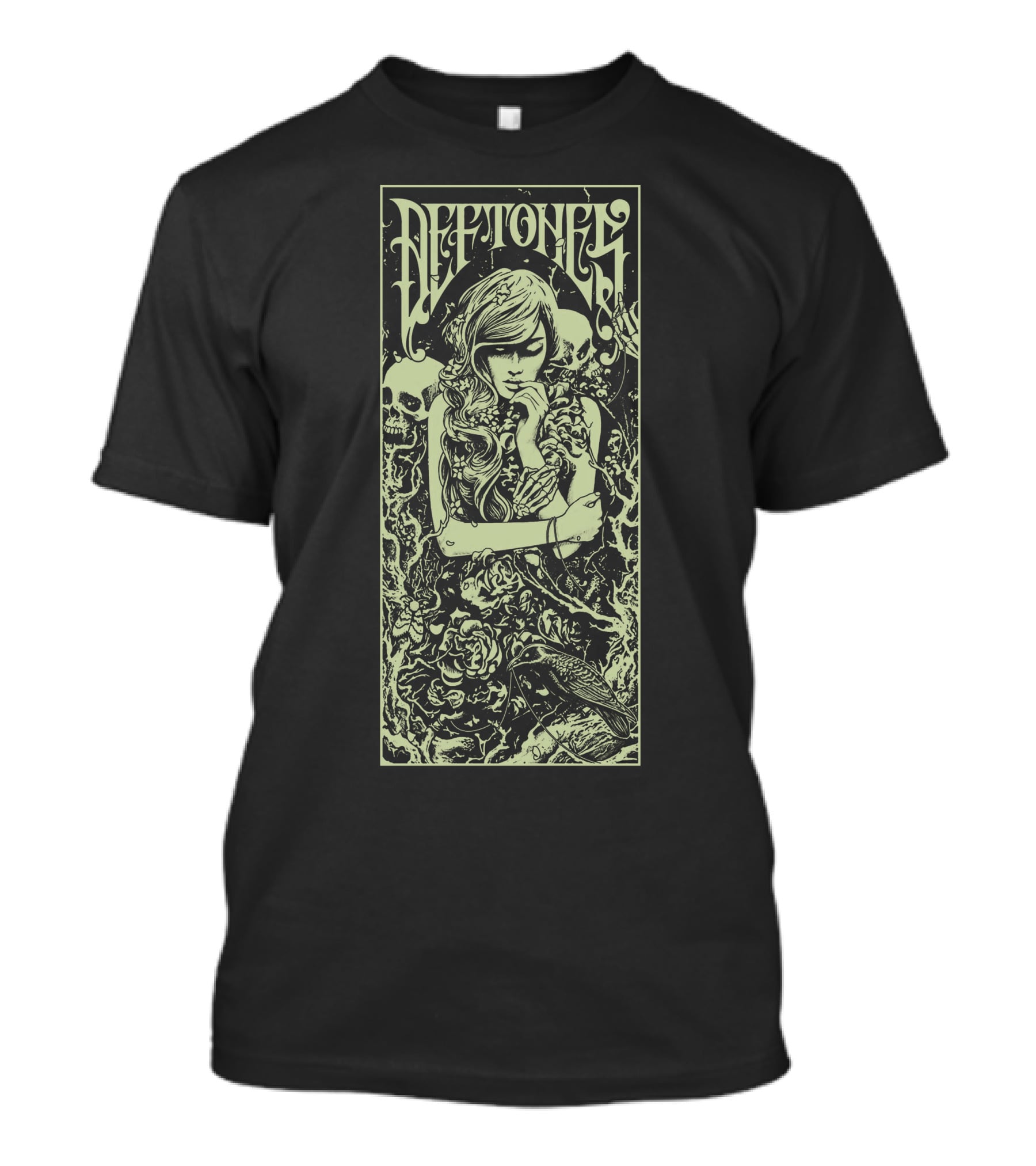 Deftones Artistic Gothic Illustration With Skulls And Floral Details T-Shirt