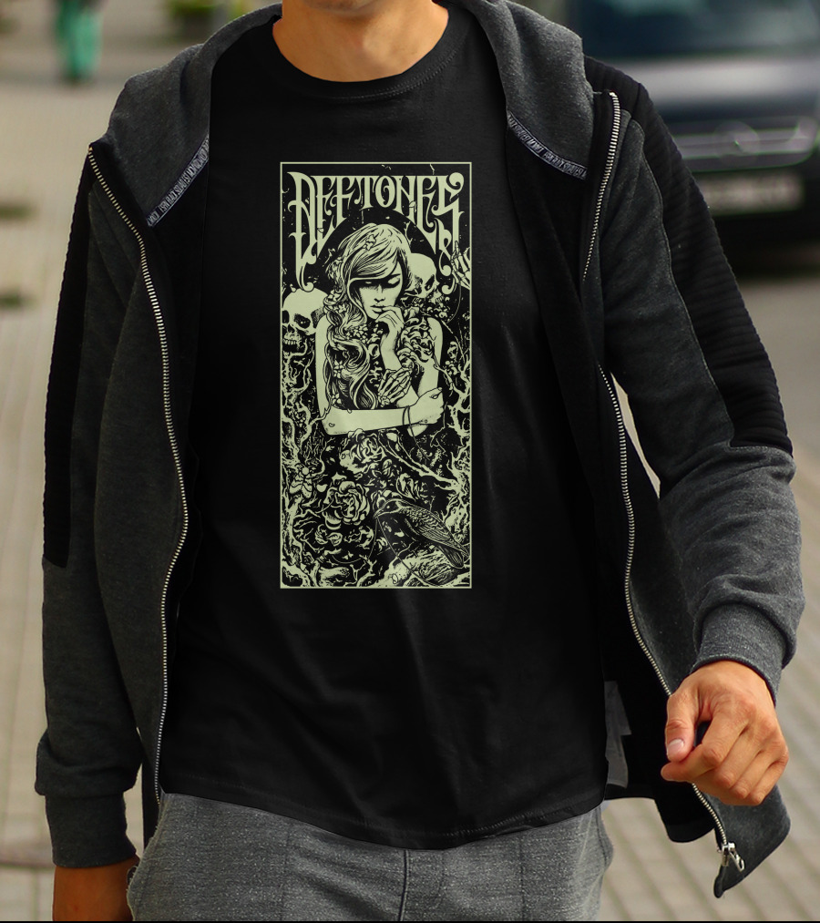 Deftones Artistic Gothic Illustration With Skulls And Floral Details T-Shirt