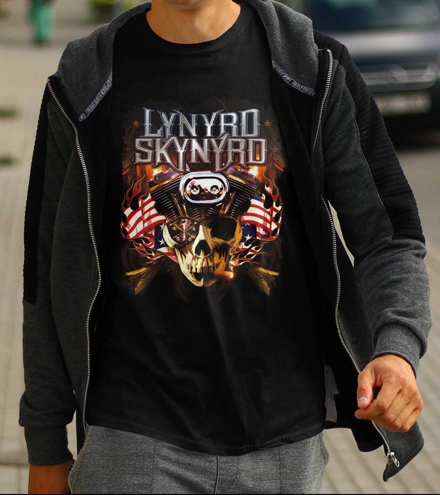 Lynyrd Skynyrd Skull Engine American Flag Flames T-Shirt