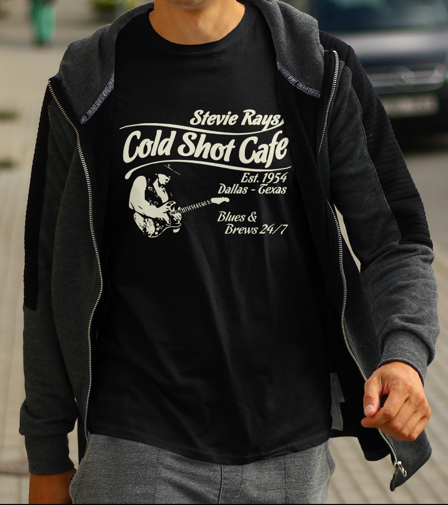 Stevie Rays Cold Shot Cafe Est. 1954 Dallas Texas Blues & Brews 24/7 T-Shirt