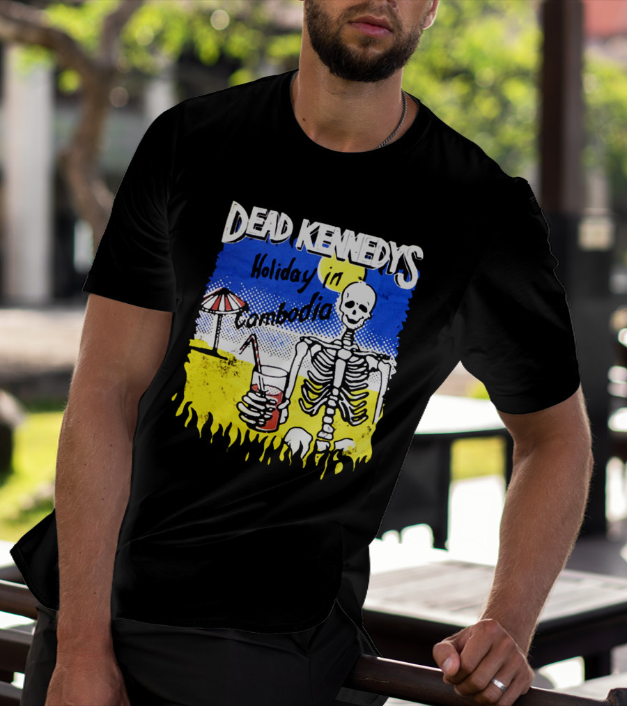Dead Kennedys Holiday In Cambodia Skeleton Drink Umbrella Scene T-Shirt
