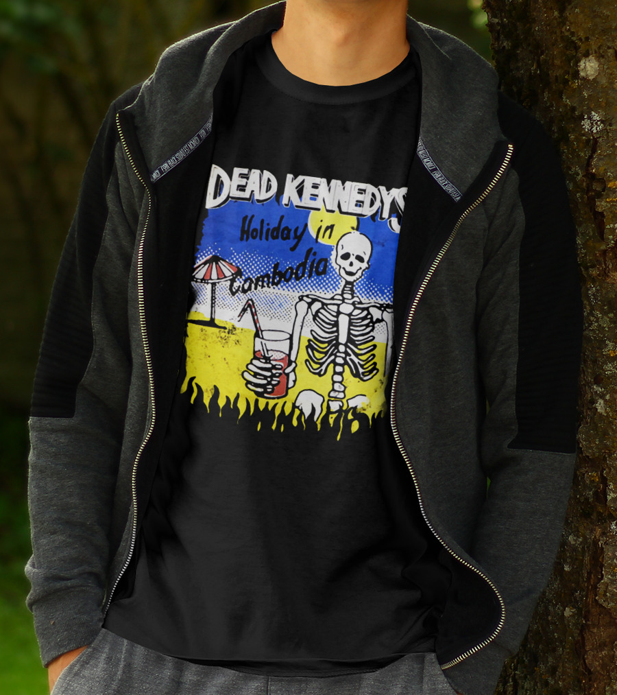 Dead Kennedys Holiday In Cambodia Skeleton Drink Umbrella Scene T-Shirt
