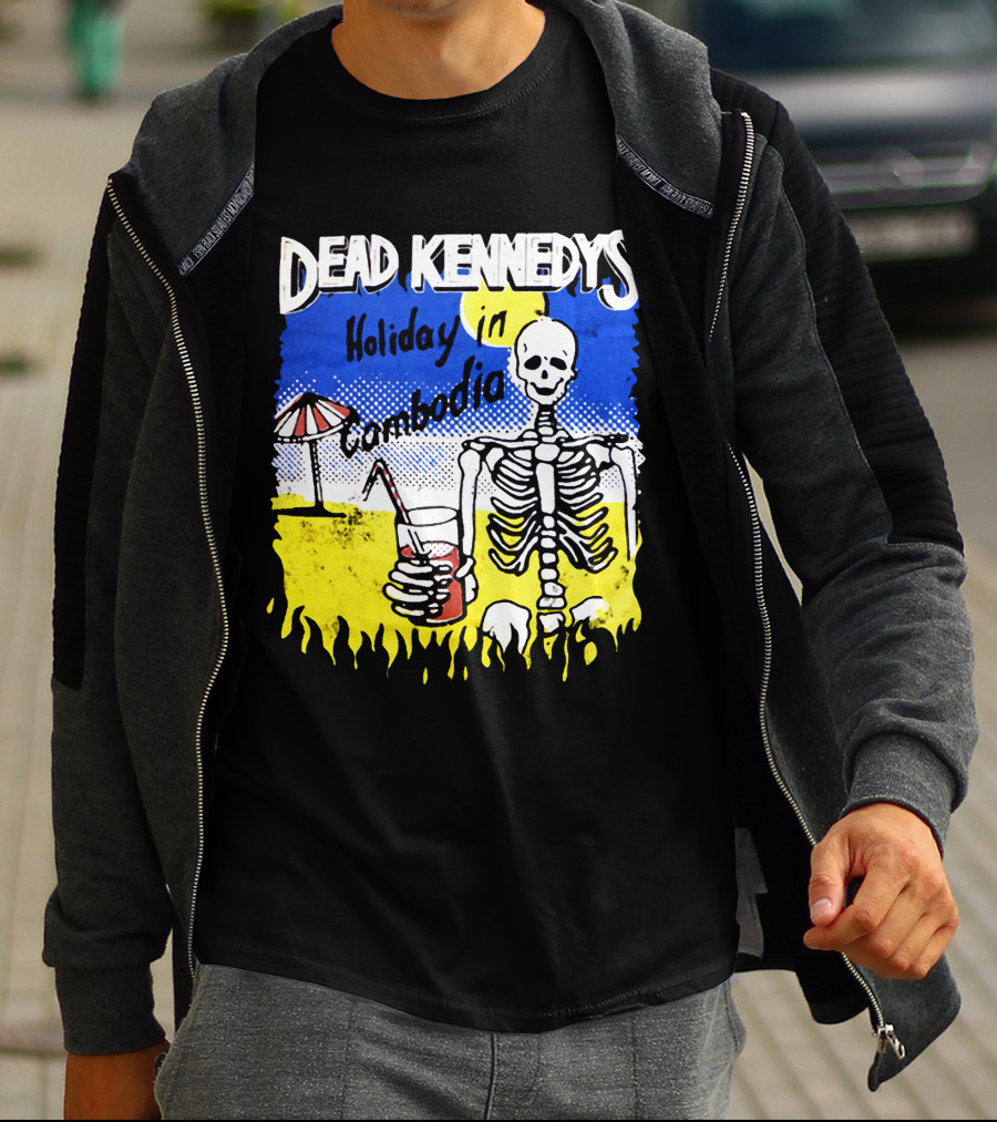 Dead Kennedys Holiday In Cambodia Skeleton Drink Umbrella Scene T-Shirt