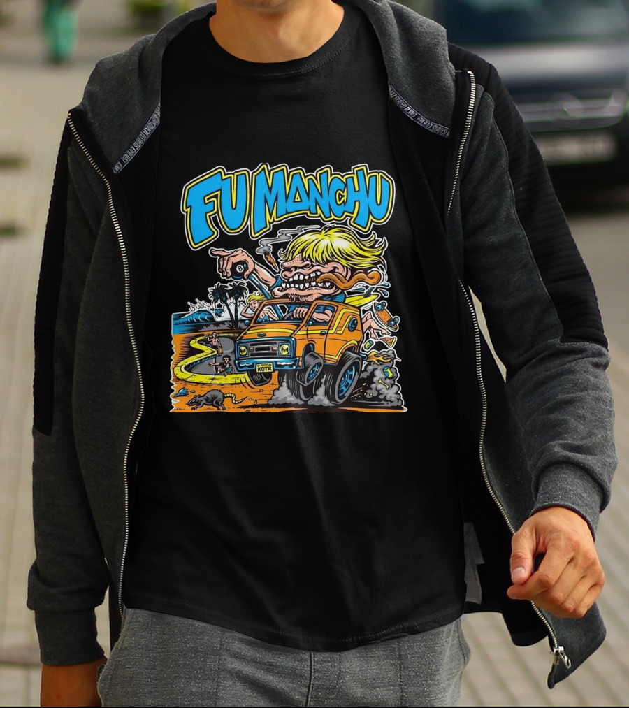 Fu Manchu Surf Adventure Vintage Car Beach Scene T-Shirt