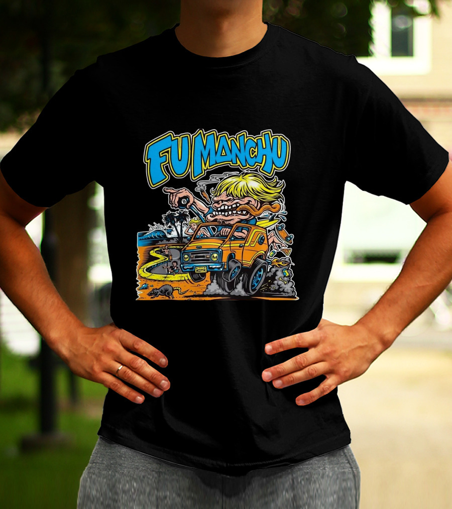 Fu Manchu Surf Adventure Vintage Car Beach Scene T-Shirt