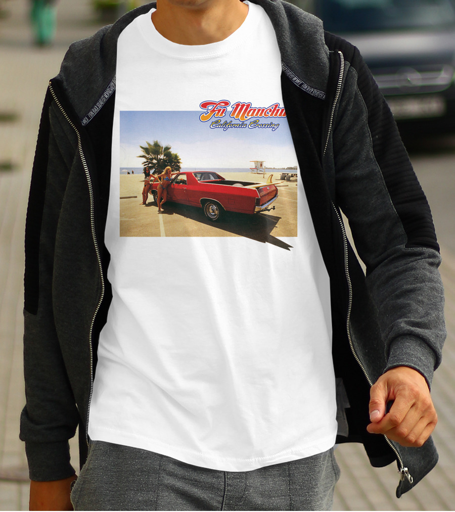 Fu Manchu California Crossing Red Car Beach Scene T-Shirt