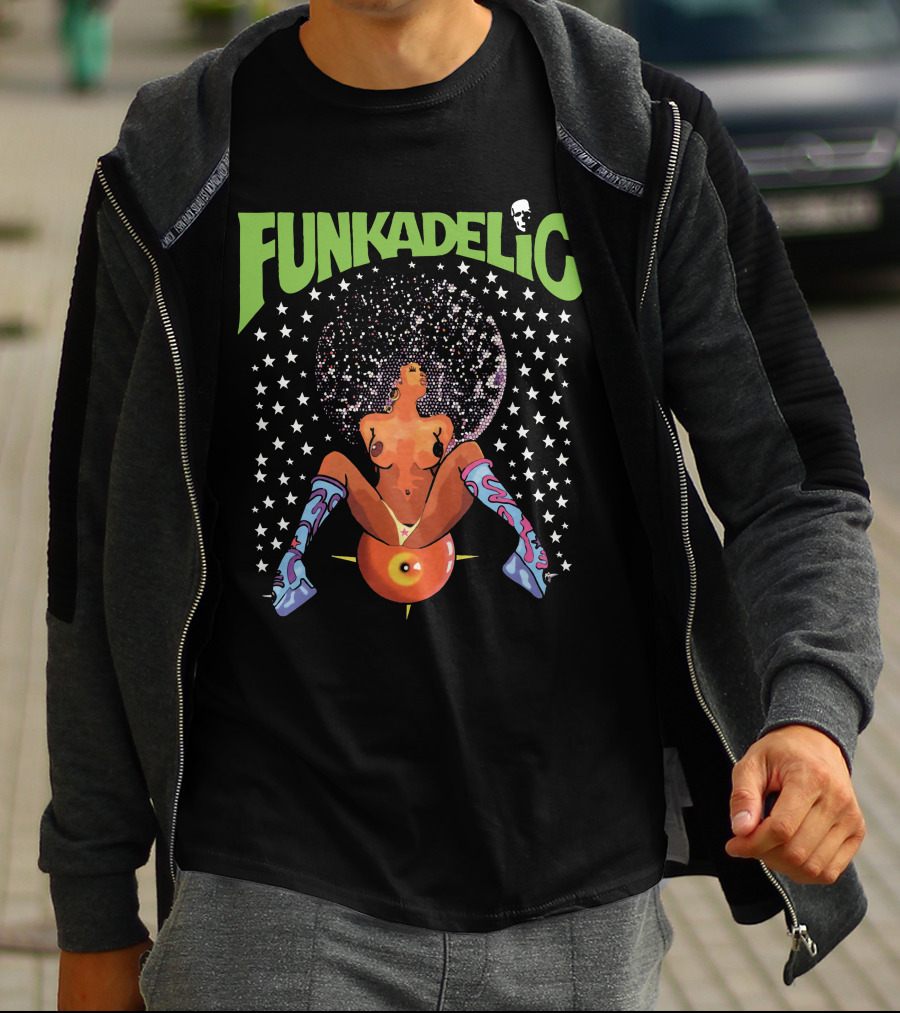 Funkadelic Psychedelic Art With Stars And Character On Black T-Shirt
