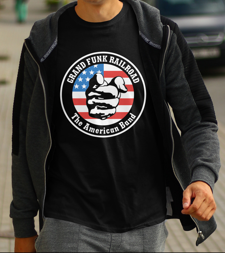 Grand Funk Railroad The American Band Logo With Pointing Hand On Usa Flag T-Shirt