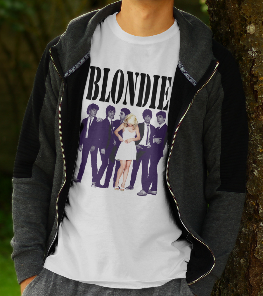 Blondie Band Classic Group Pose Black And White Borderline White Dress T-Shirt