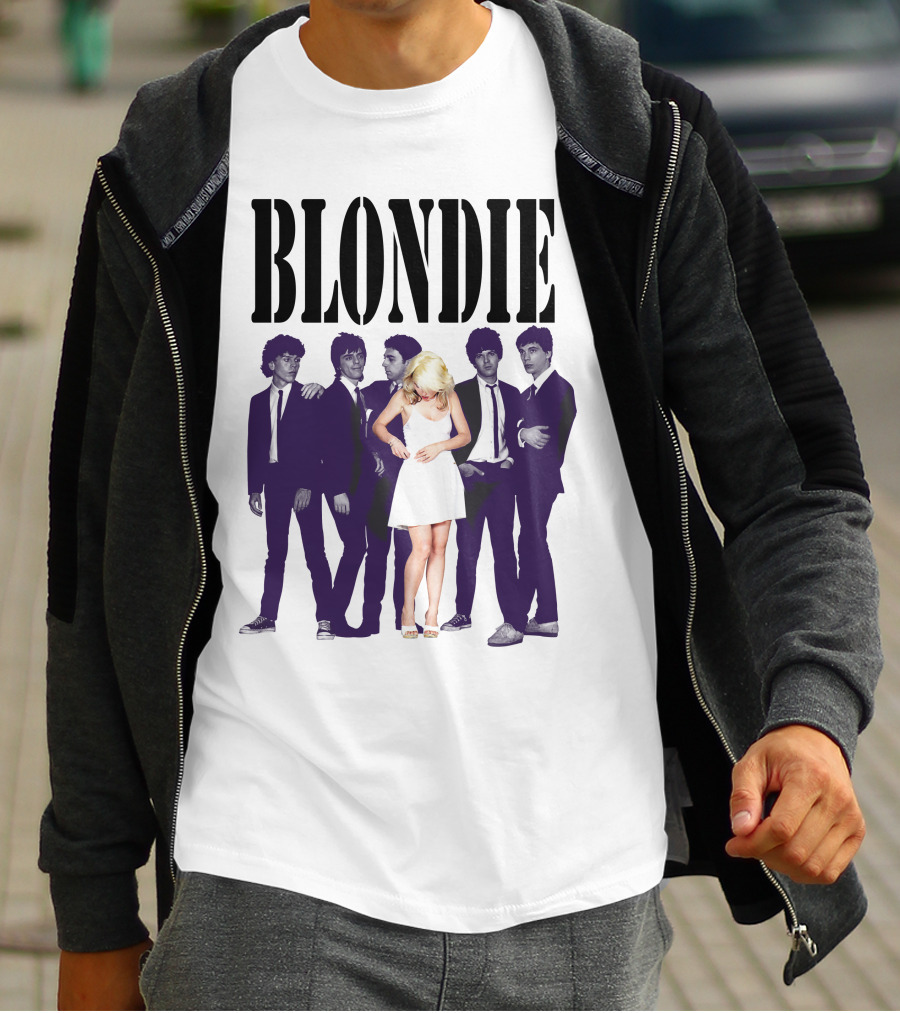 Blondie Band Classic Group Pose Black And White Borderline White Dress T-Shirt