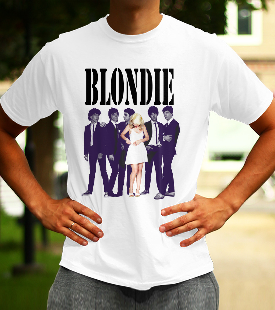 Blondie Band Classic Group Pose Black And White Borderline White Dress T-Shirt