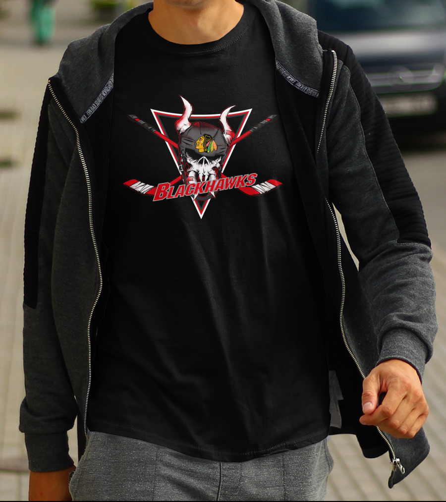 Blackhawks Skull Viking Helmet Iconic Hockey Sticks Red Triangle T-Shirt