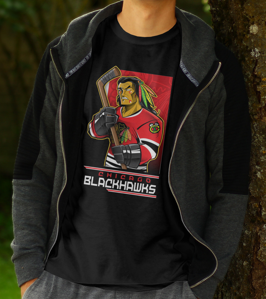 Chicago Blackhawks Hockey Player With Logo And Feathered Headdress T-Shirt