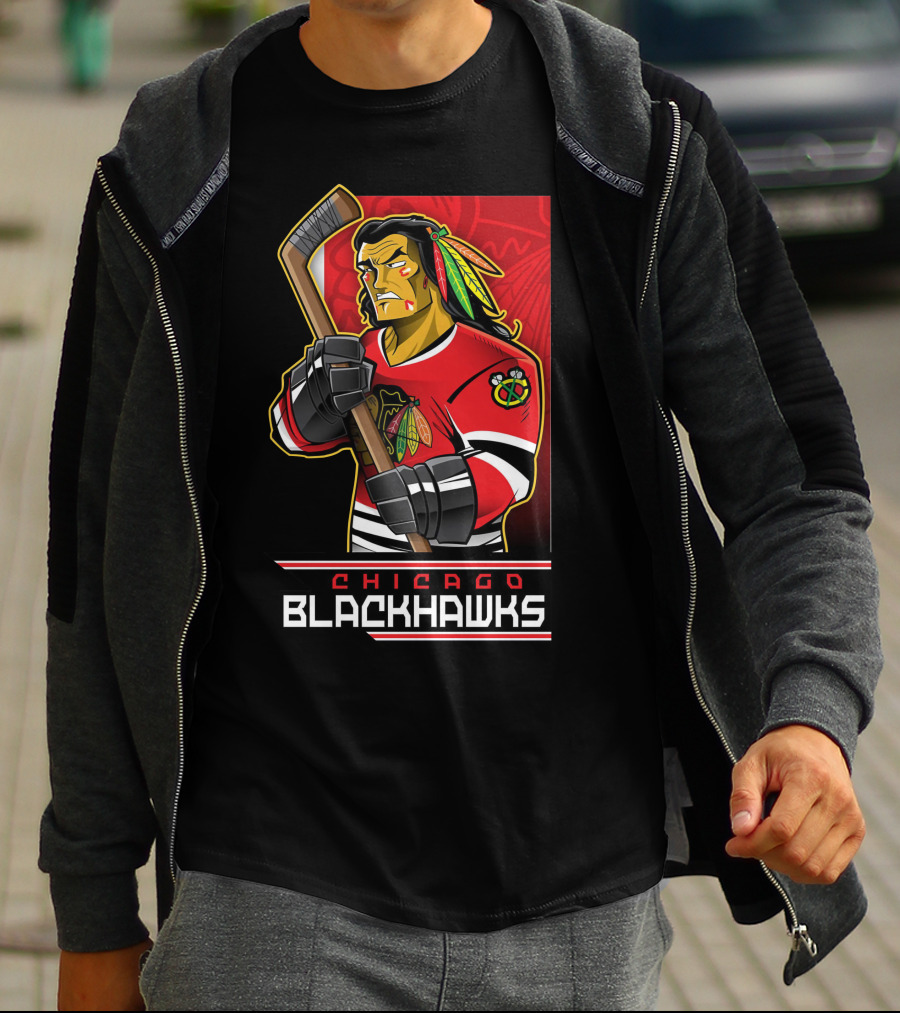 Chicago Blackhawks Hockey Player With Logo And Feathered Headdress T-Shirt