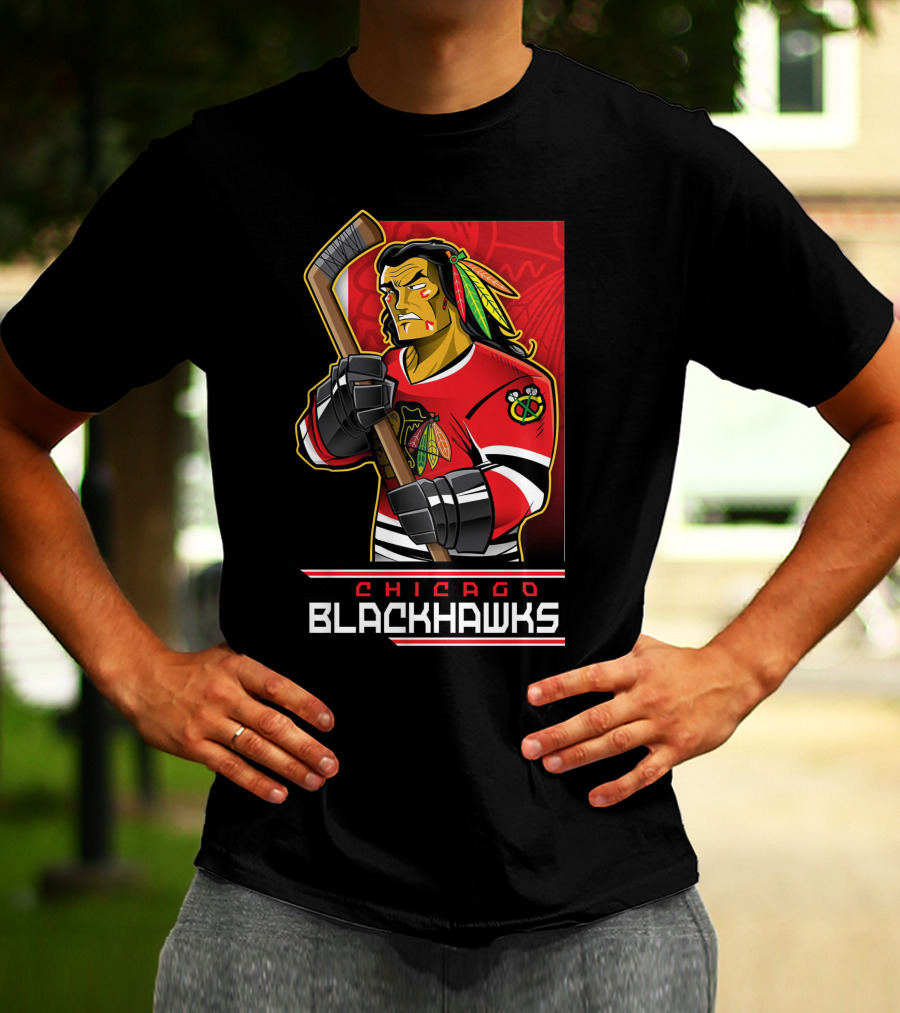Chicago Blackhawks Hockey Player With Logo And Feathered Headdress T-Shirt