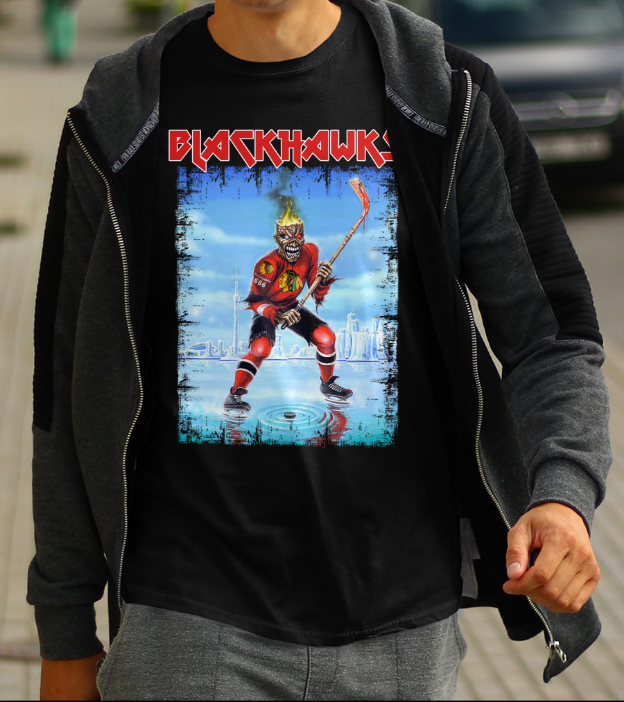 Blackhawks Hockey Player With Fiery Head And Stick T-Shirt