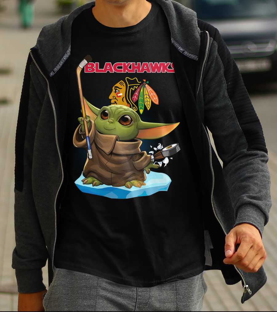 Baby Yoda Blackhawks Hockey Stick And Puck T-Shirt