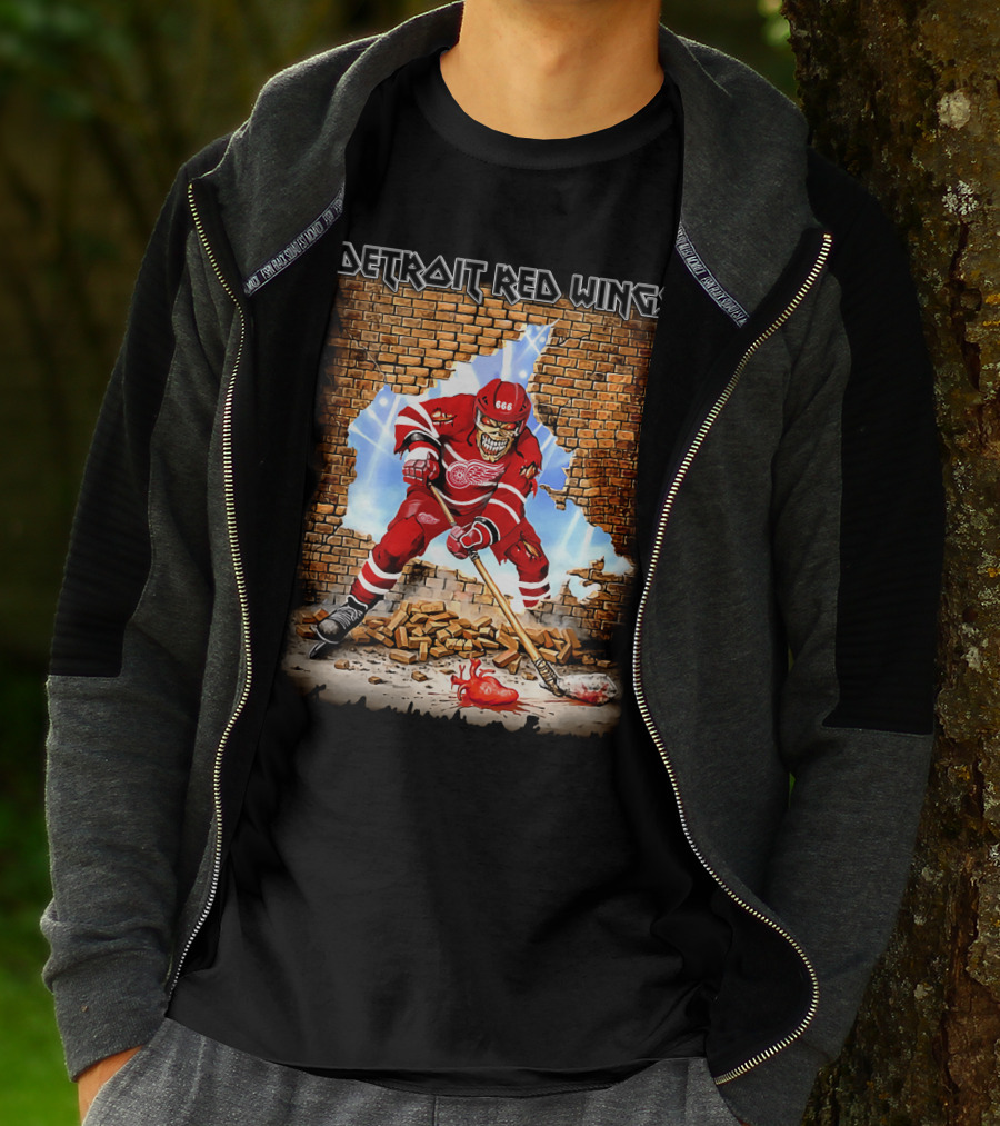 Detroit Red Wings Brick Wall Skeleton Hockey Player With Red Jersey And Ice Stick T-Shirt
