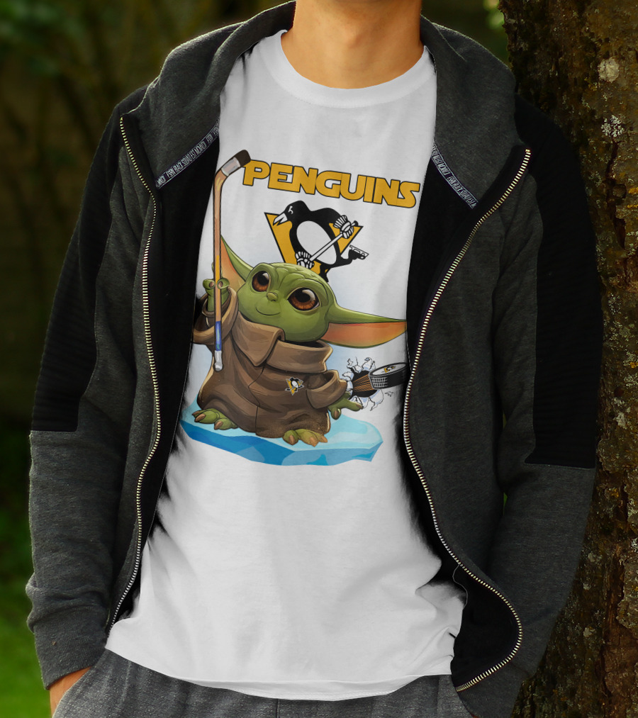 Baby Yoda Penguins Puck And Hockey Stick With Pittsburgh Penguins T-Shirt