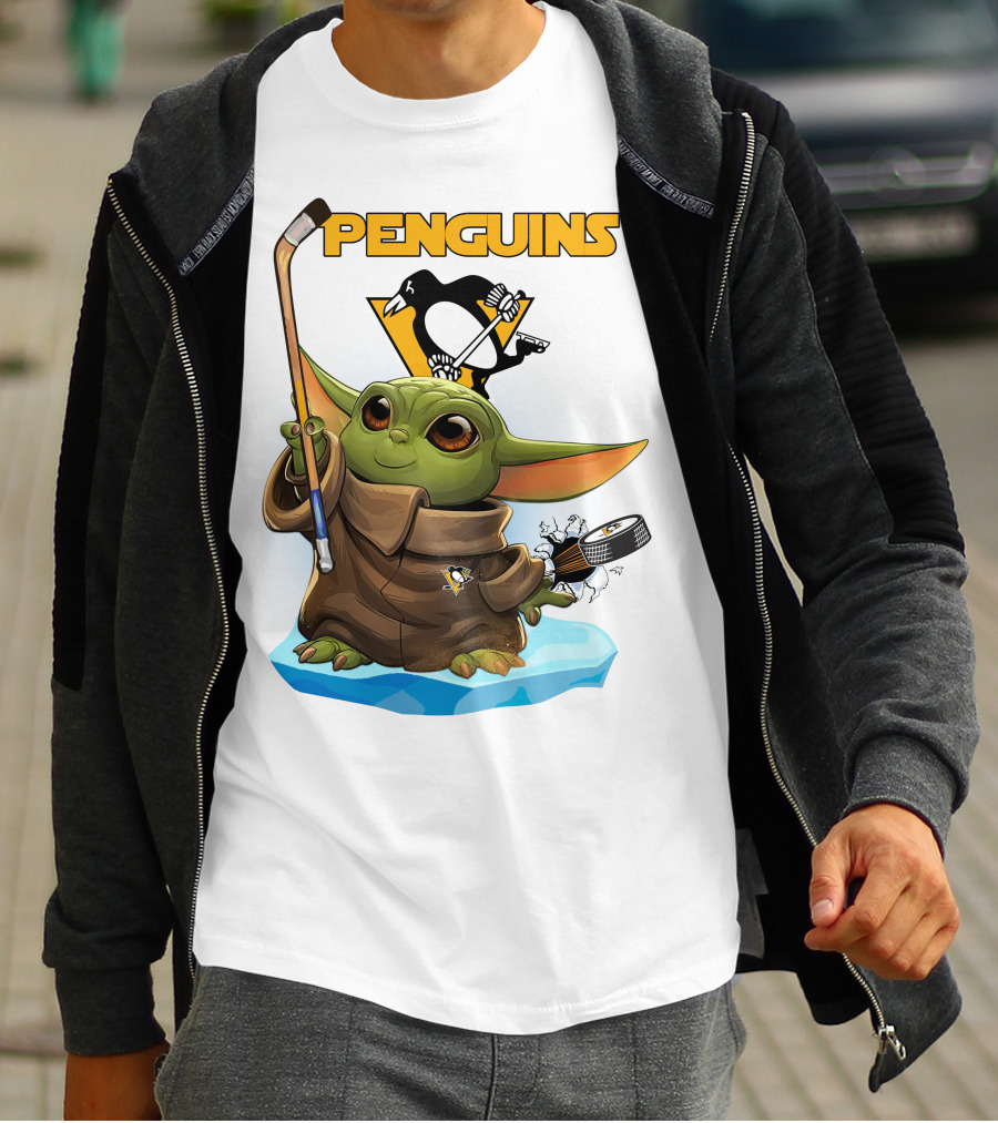 Baby Yoda Penguins Puck And Hockey Stick With Pittsburgh Penguins T-Shirt
