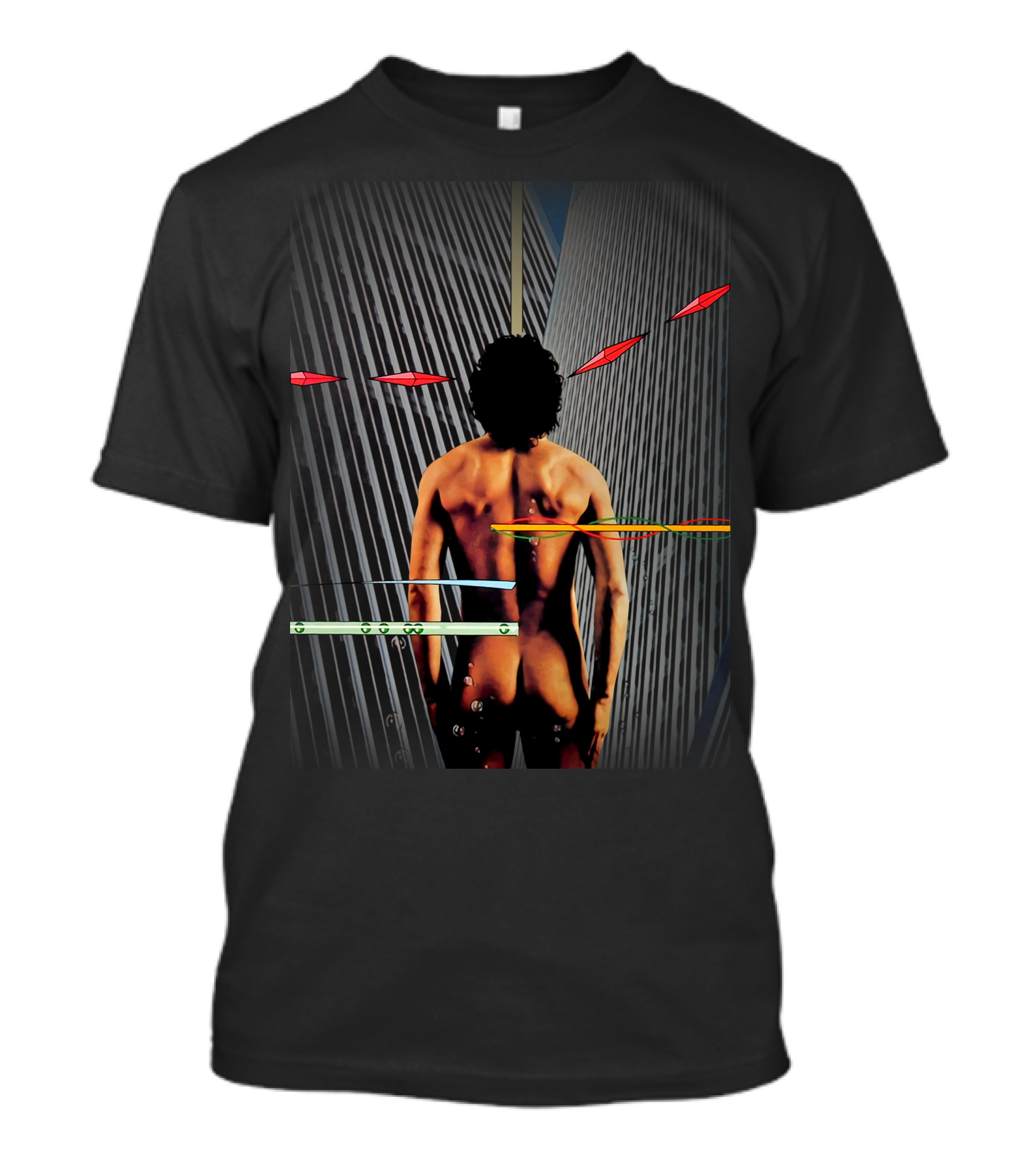Naked Figure And Geometric Patterns With Vertical Lines And Red Shapes T-Shirt