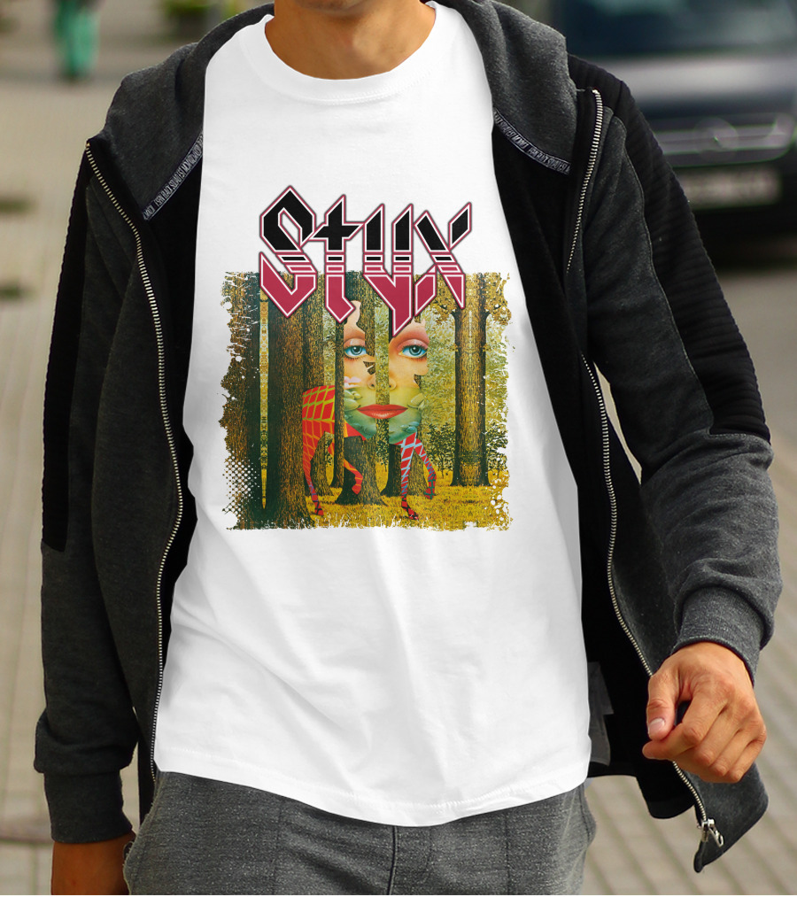 Styx Forest Face With Stylized Red Typography T-Shirt