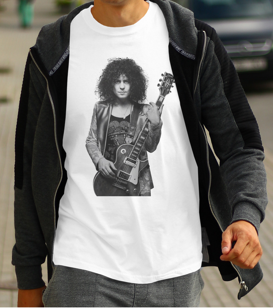 Marc Bolan With Gibson Les Paul Guitar Iconic Black And White T-Shirt