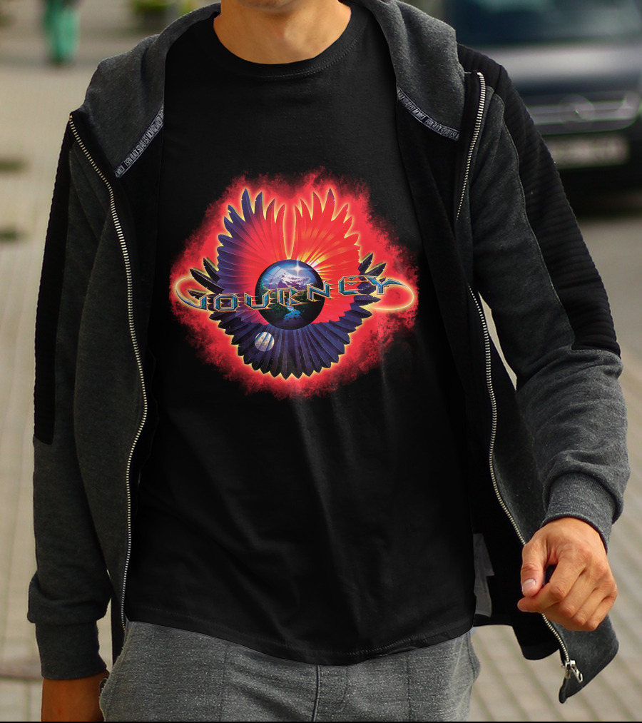 Journey Band Logo With Planet And Red-Blue Wings T-Shirt