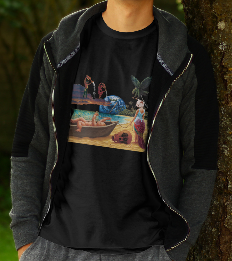 Cosmic Beach Scene With Mermaid And Planet Earth T-Shirt