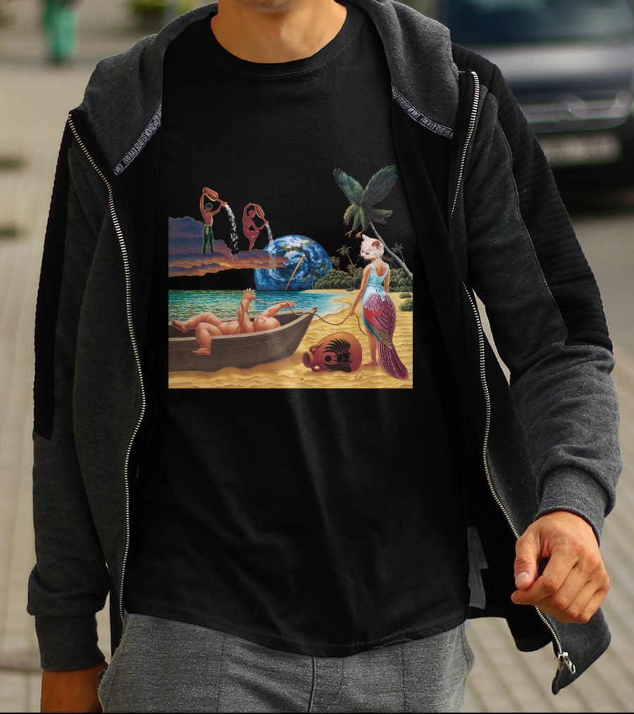 Cosmic Beach Scene With Mermaid And Planet Earth T-Shirt